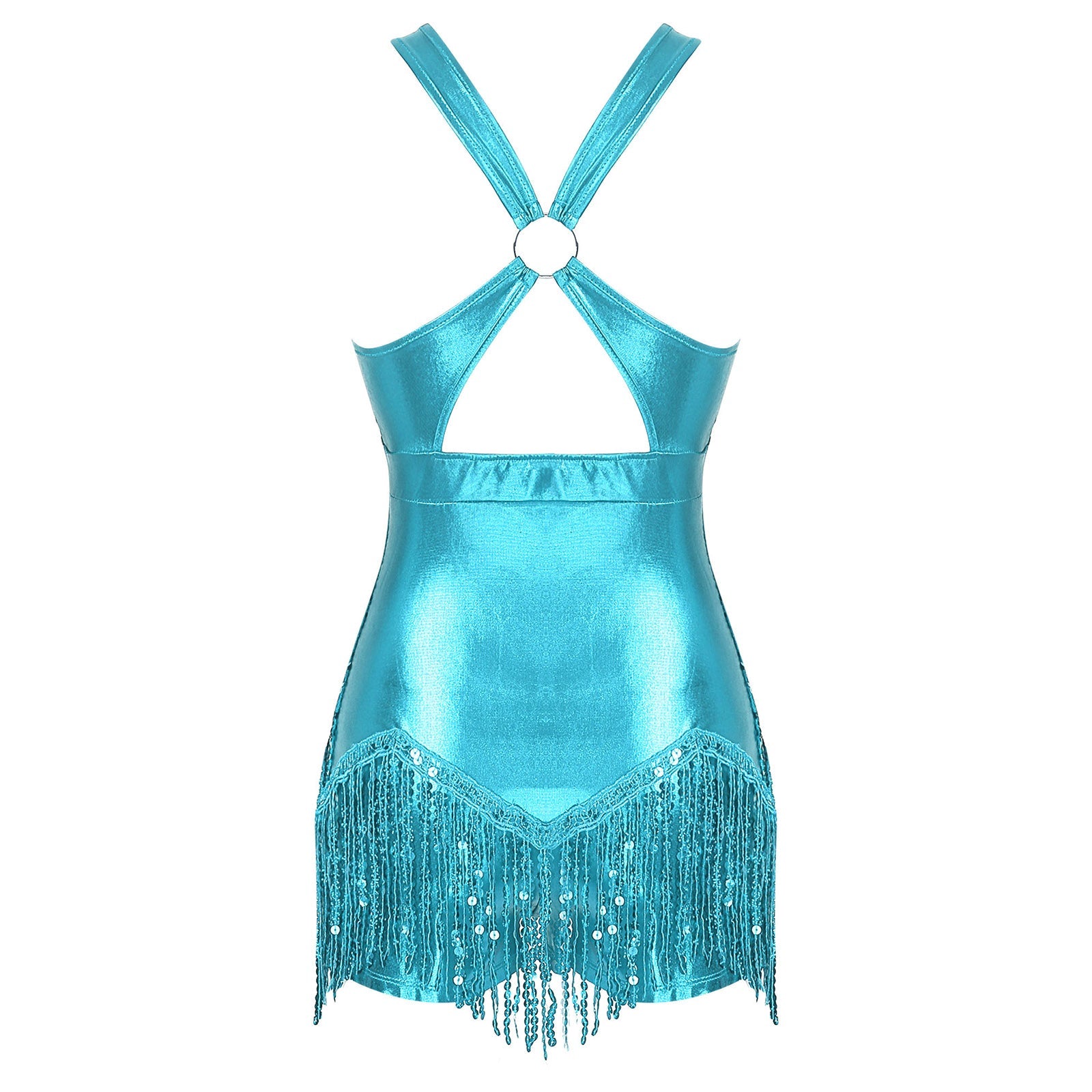 Sequined Fringe Cross-Front Latin Dance Leotard Costume Dress
