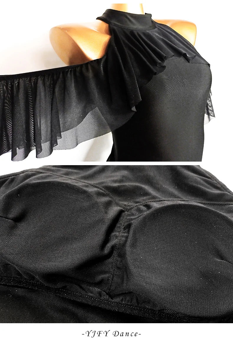 Black High-Neck Short-Sleeve Bodysuit & Gold Fringe Skirt Latin Dance Costume Set