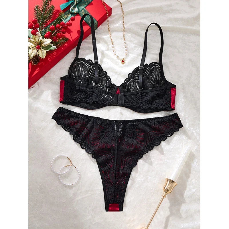 Valentine Sexy Lingerie Black Lace Splicing Underwear Women Set Ultra Thin Luxury Intimate Lingerie 3-point Transparent Bra Set