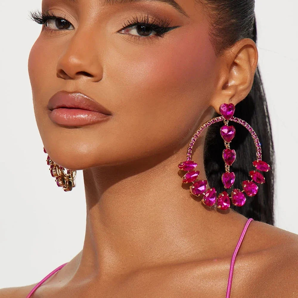 Oversized Pink Crystal Hoop Earrings Heart Pendant Drag Queen Stage Drop Jewelry