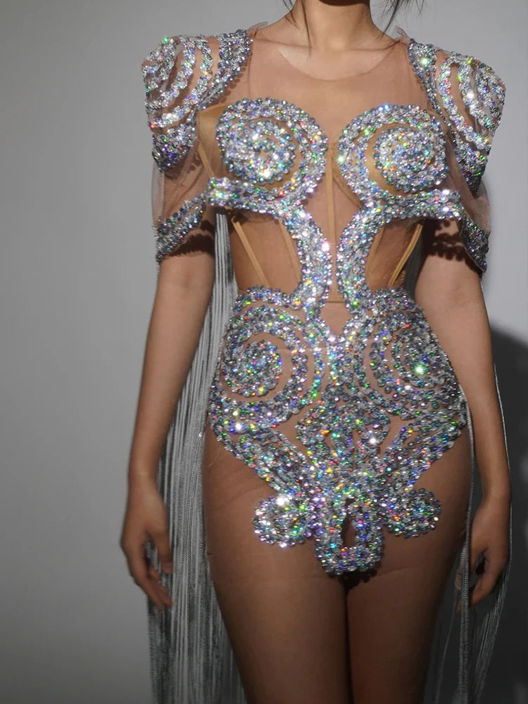 Sparkly Silver Rhinestone Sheer Cape Dress Stage Costume