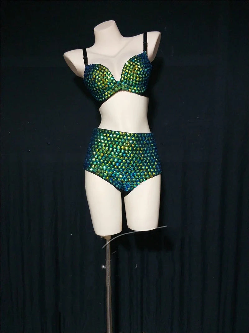 The Stardust Emerald Siren 3-Piece Suit – Luxury Rhinestone Cabaret Ensemble