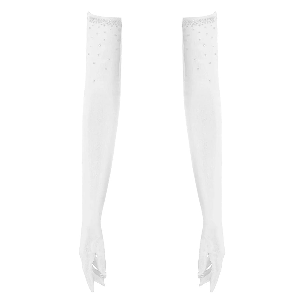 Rhinestone Latin Dance Dress, Mesh Tiered Tassel Bodysuit & Long Gloves Set