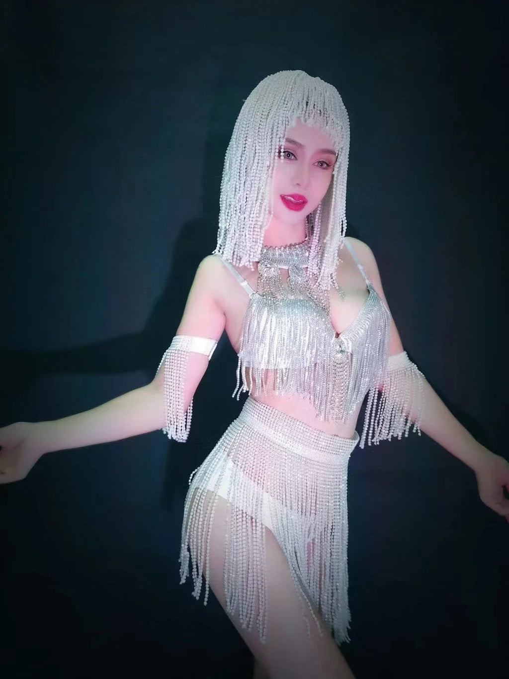 Luxury Crystal Tassel Bikini & Wig Performance Set – Premium Showgirl Stage Costume for GoGo Dancers, Nightclub DJs & Rave Outfits