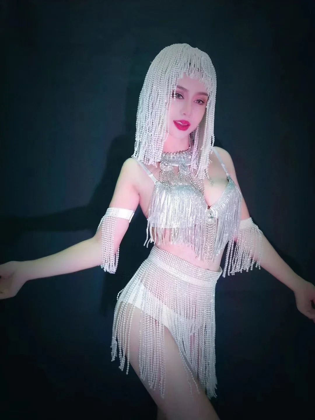 Luxury Crystal Tassel Bikini & Wig Performance Set – Premium Showgirl Stage Costume for GoGo Dancers, Nightclub DJs & Rave Outfits