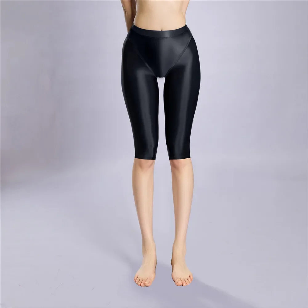 Women's Oil Glossy Sheer High-Waist Shaping Shorts Satin Smooth Leggings