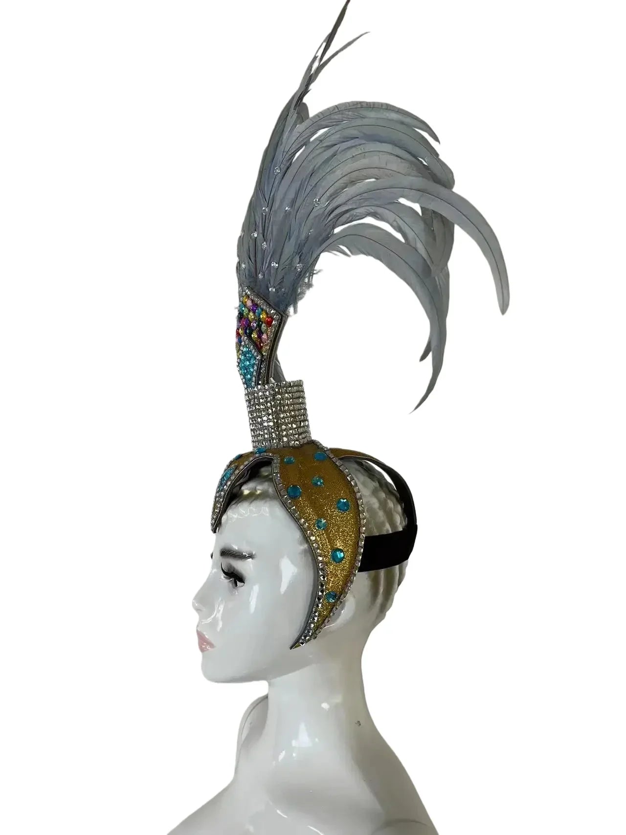 The Stardust Dionysia – Silver & Charcoal Feather Carnival & Masque Ball Headdress