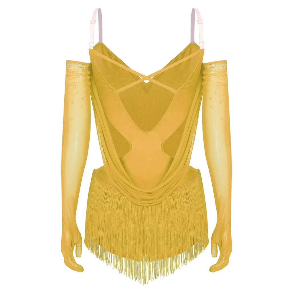 Sparkly Rhinestone & Tassel Fringe Dance Leotard with Gloves Two-Piece Stage Costume