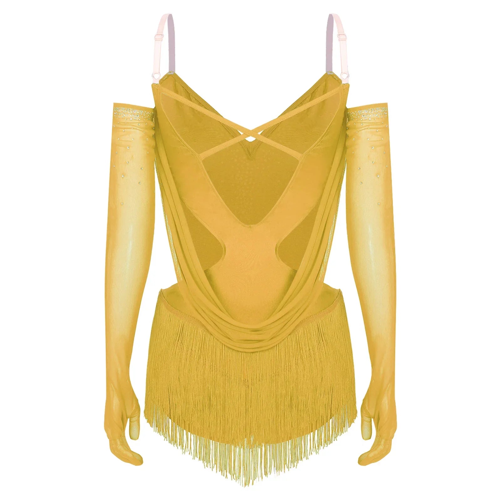 Sparkly Rhinestone & Tassel Fringe Dance Leotard with Gloves Two-Piece Stage Costume