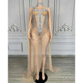 Sparkly Rhinestone & Pearl Mesh Evening Gown with Cloak Sleeves Stage Costume