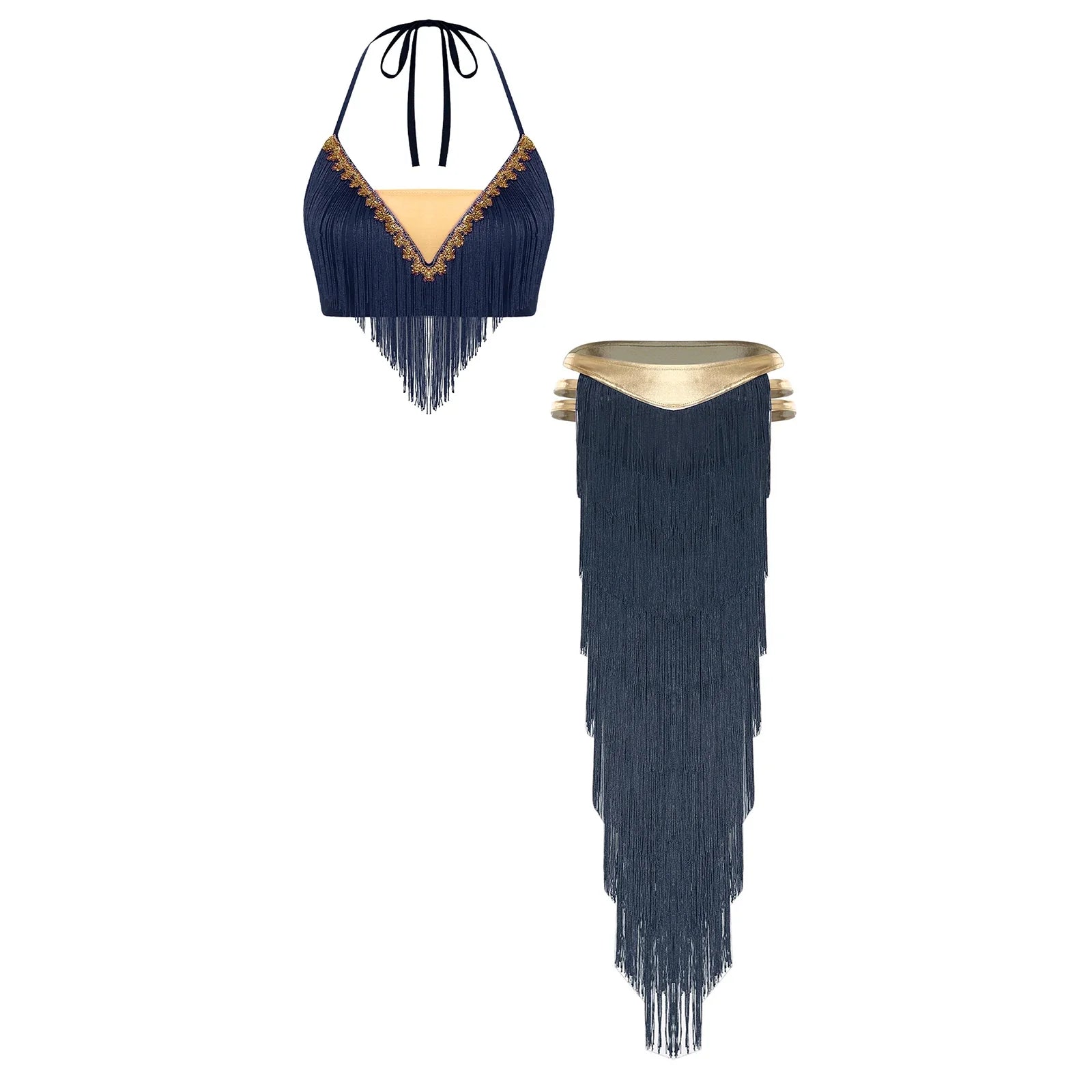Gold Trim Halter Lace-Up Crop Top & Tiered Tassel Skirt Belly Dance Outfit
