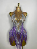 Sparkly Rhinestone & Tassel Fringe Latin Dance Mini Dress Stage Costume