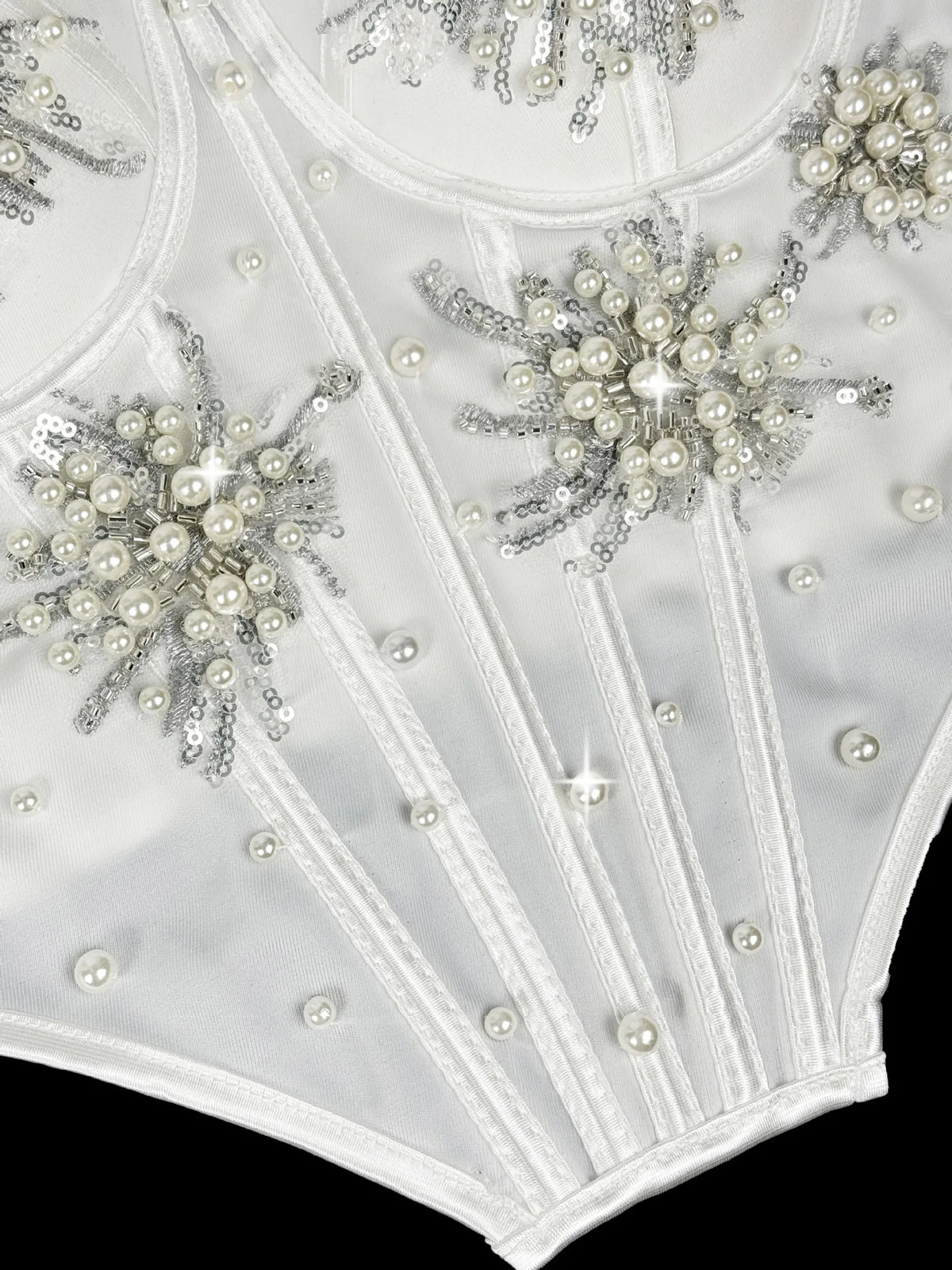 Pearl & Sequin Embroidered Floral Bustier Corset Top Asymmetric Camisole Bralette