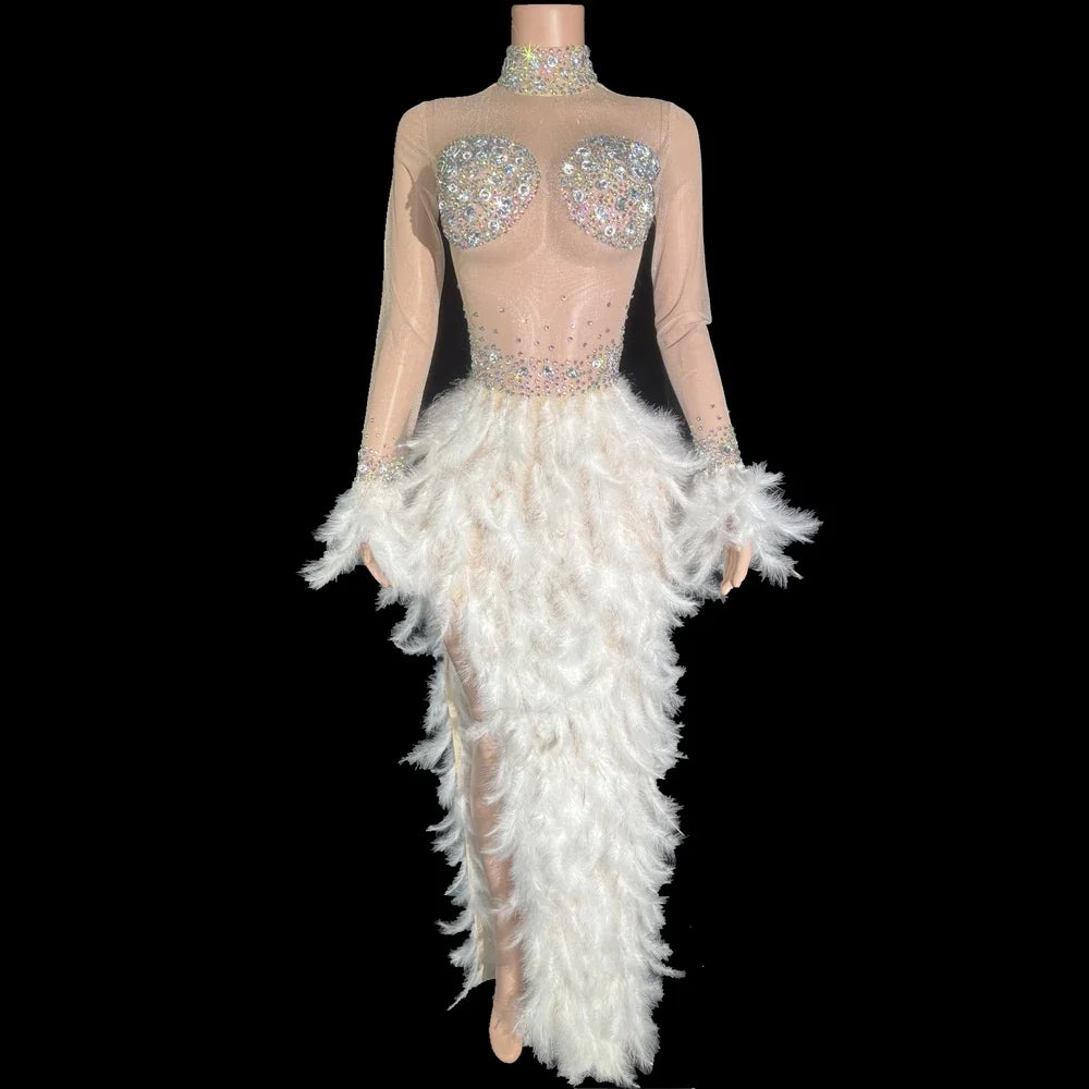 Sparkly White Rhinestone & Feather Sheer Mesh Long Evening Gown Stage Costume