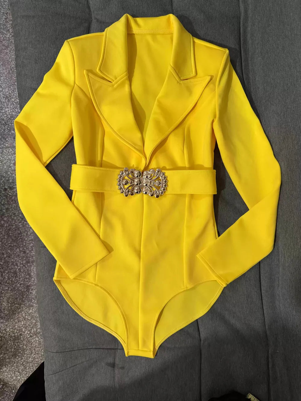 Women's Long Sleeve Blazer Bodysuit with Crystal Belt, V-Neck Zipper Stage & Concert Performance Costume