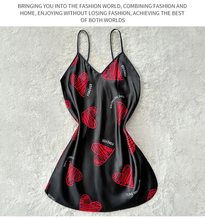 Valentine's Day Red Lip Print Satin Slip Nightdress V Neck Backless Mini Sleep Dress Women's Sleepwear Dresses
