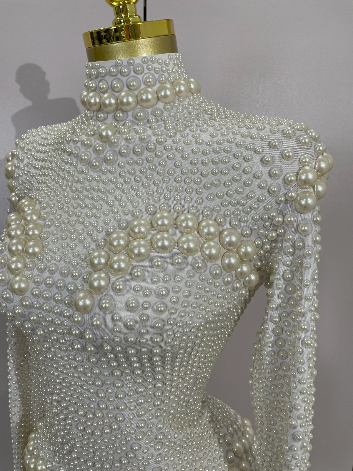 Luxury Full Pearl Long-Sleeved Stage Bodysuit Leotard Evening Performance Costume