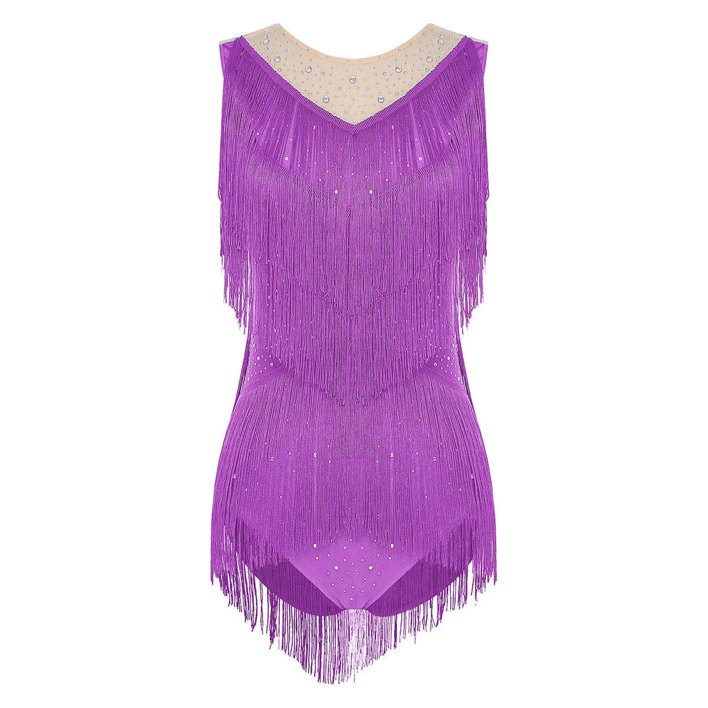 Sparkly Rhinestone & Tassel Fringe Latin Dance Leotard Crew Neck Bodysuit