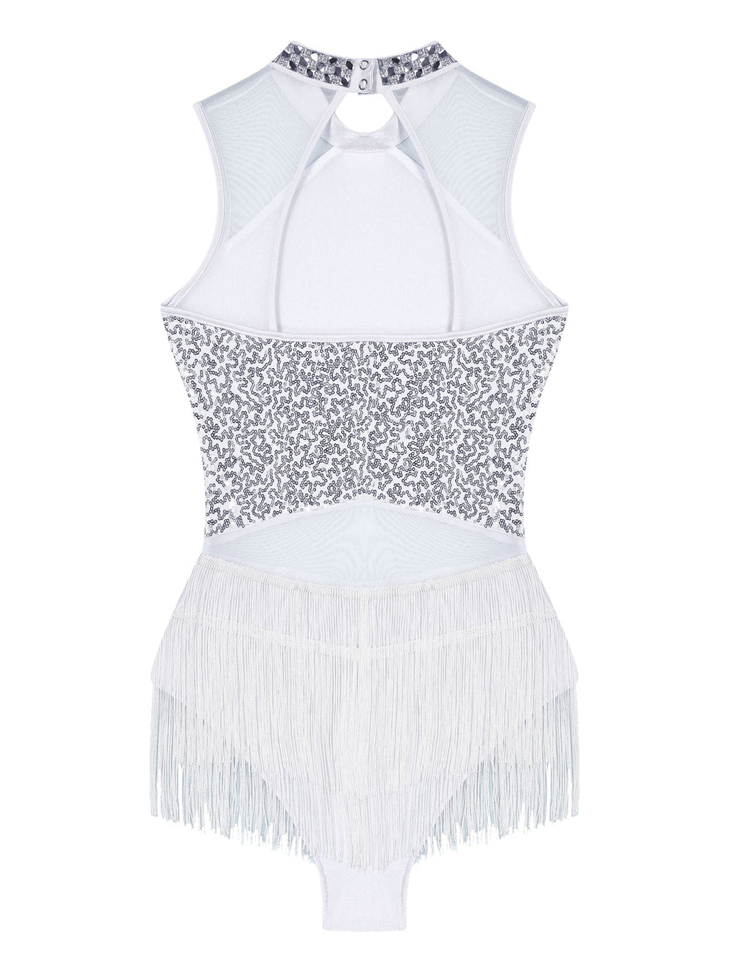 Women Sequins Diamond Latin Jazz Dance Costume Sleeveless Cutout Back Flowy Tassel Dress Leotard Tango Cha-Cha Samba Dancewear