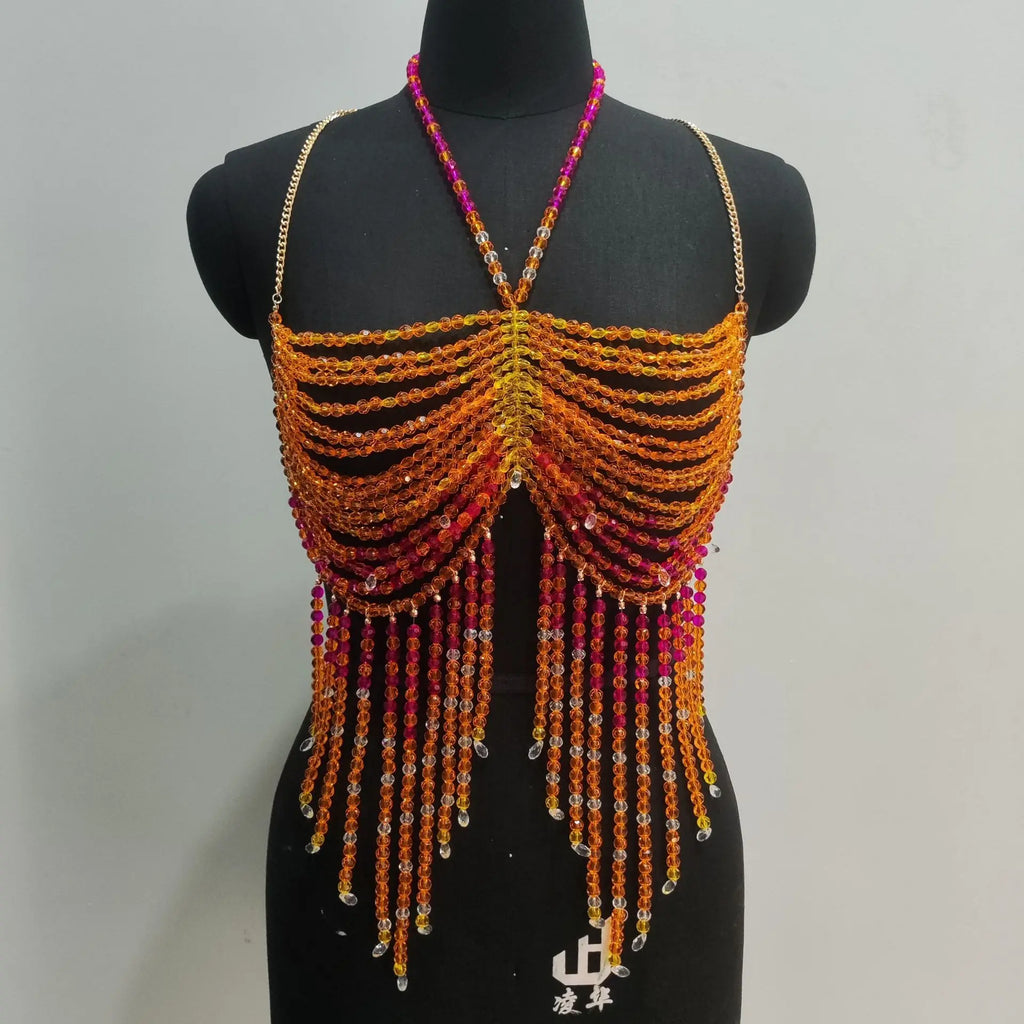 Handmade Multilayer Beaded Bra Chain & Vibrant Sunset Chest Harness