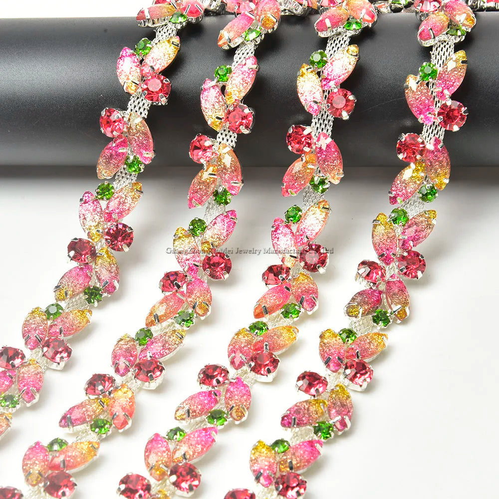 The Stardust Pink Blossom – Glitter Pink Leaf Glass Rhinestone Chain & Trim Applique