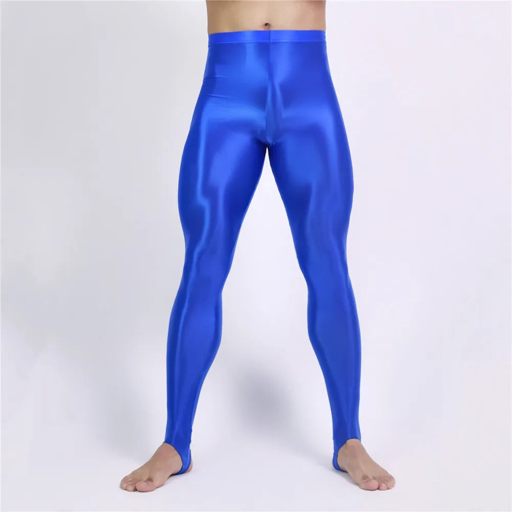Men's Oil Glossy Sheer High-Stretch Pencil Pants Satin Smooth Leggings