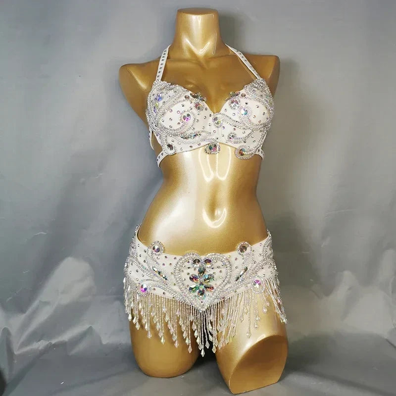 Dazzling Beaded Crystal Belly Dance Bra & Belt 2-Piece Costume Set