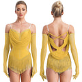 Sparkly Rhinestone & Tassel Fringe Dance Leotard with Gloves Two-Piece Stage Costume