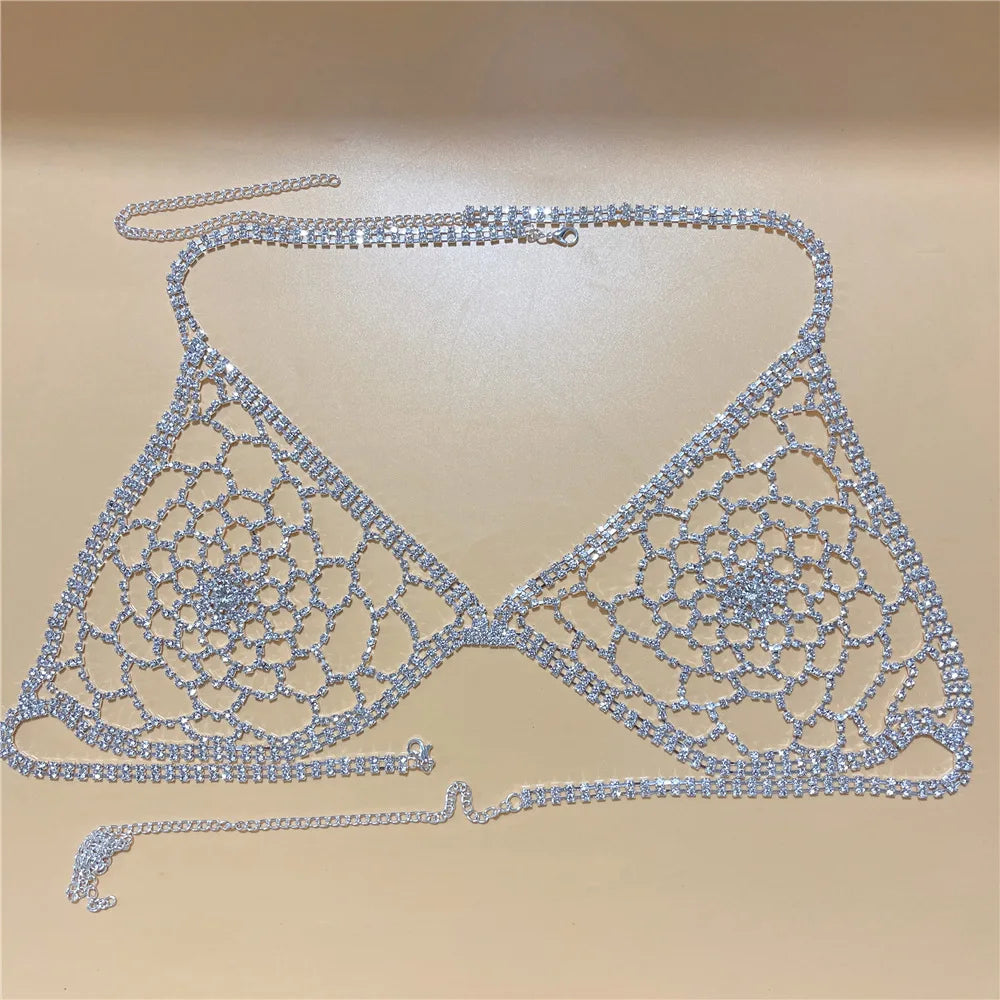 Dazzling Grid-Pattern Crystal Bikini Bra Chain & Tassel Skirt Set