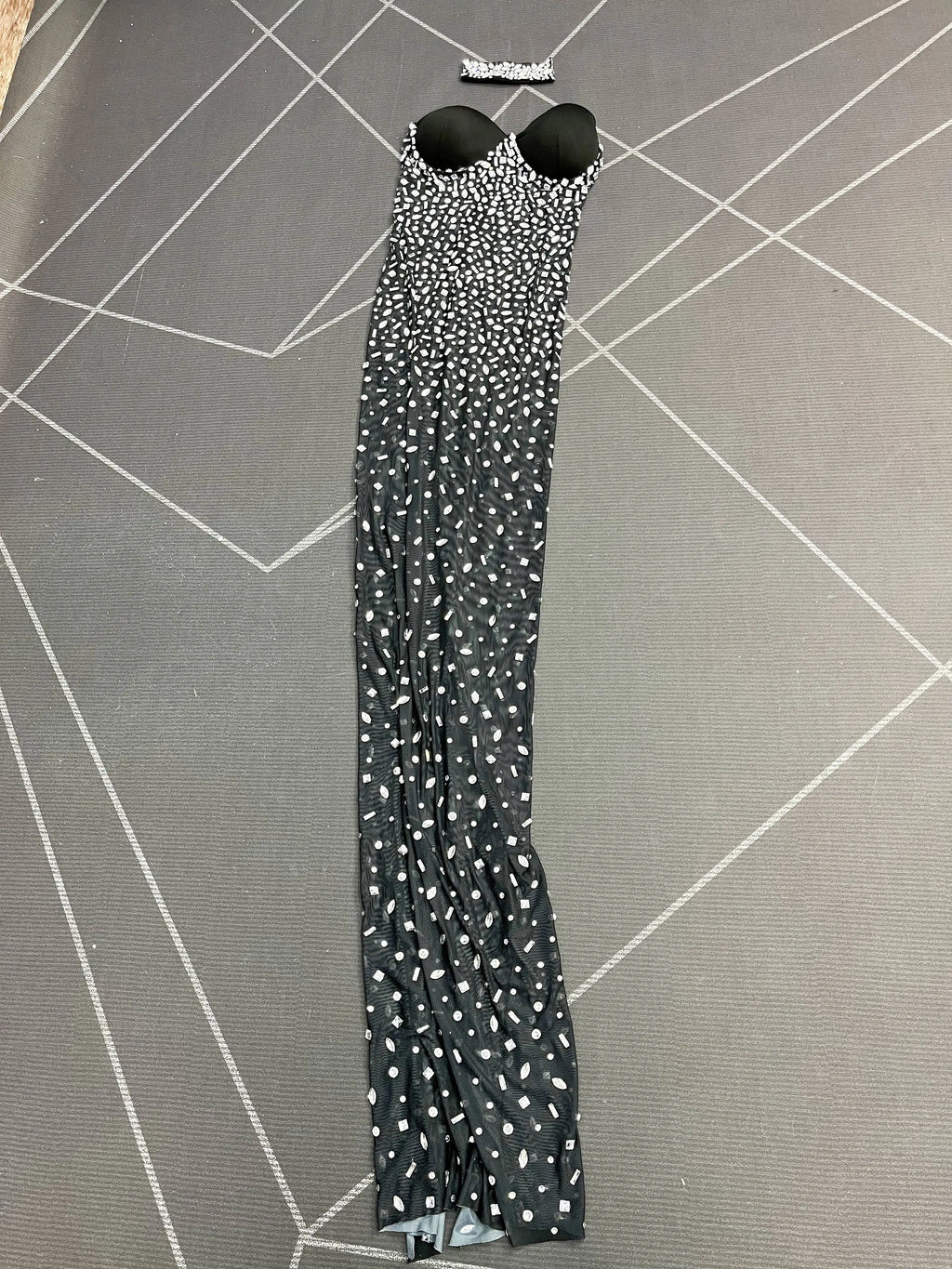 Silver Rhinestone Sheer Mesh Tube Evening Gown Stage Ball Dress