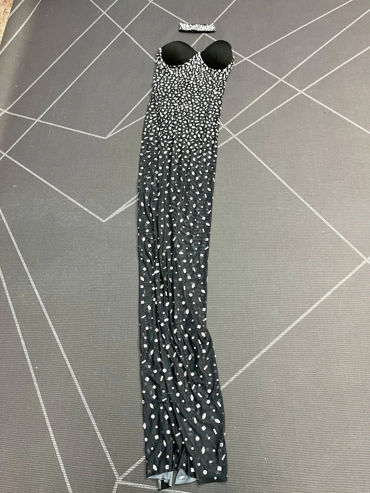 Silver Rhinestone Sheer Mesh Tube Evening Gown Stage Ball Dress