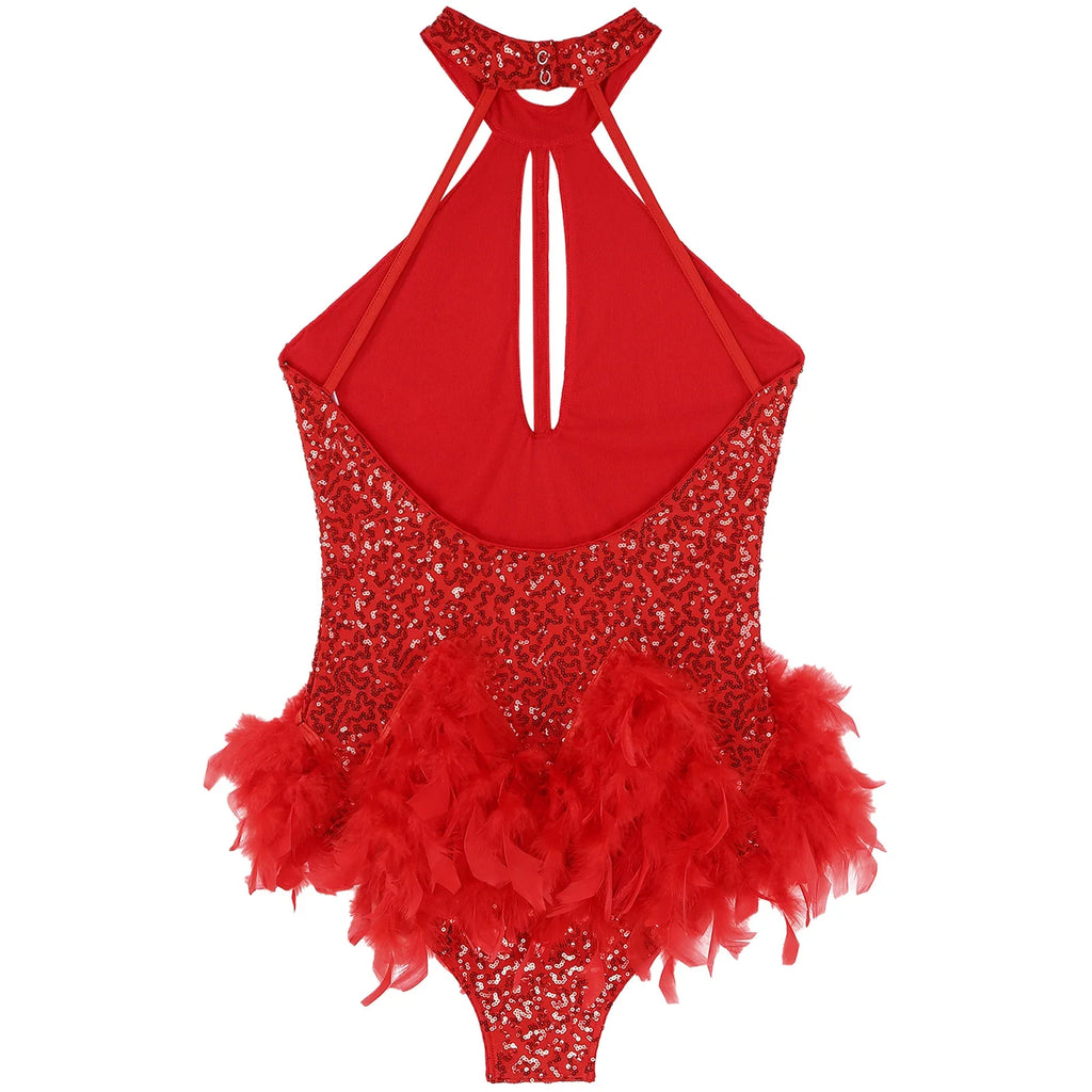 The Stardust Empress Royale – Sequined & Feathered Latin Dance Leotard Dress
