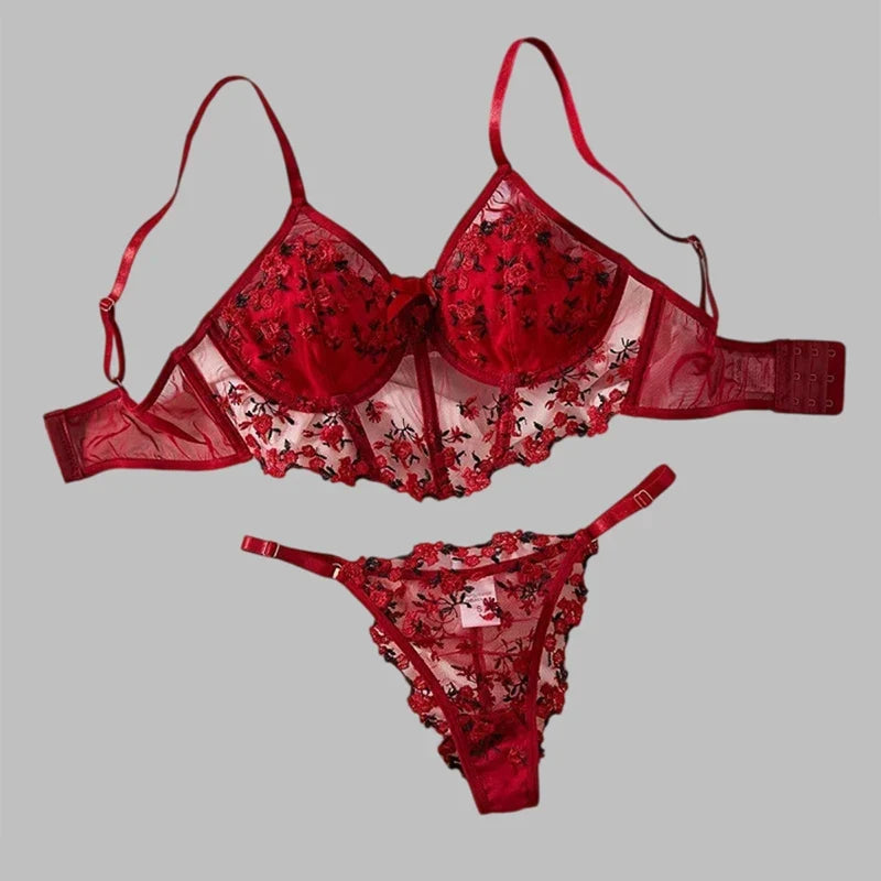 Floral Embroidery Lingerie Set Women Boho Erotic Lingerie Push Up Bra Panty Set Lace Underwear Valentine's Day Romantic Lingerie