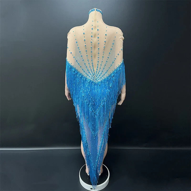 Blue Glitter Fringe Mini Dress Singer & Gogo Stage Performance Costume