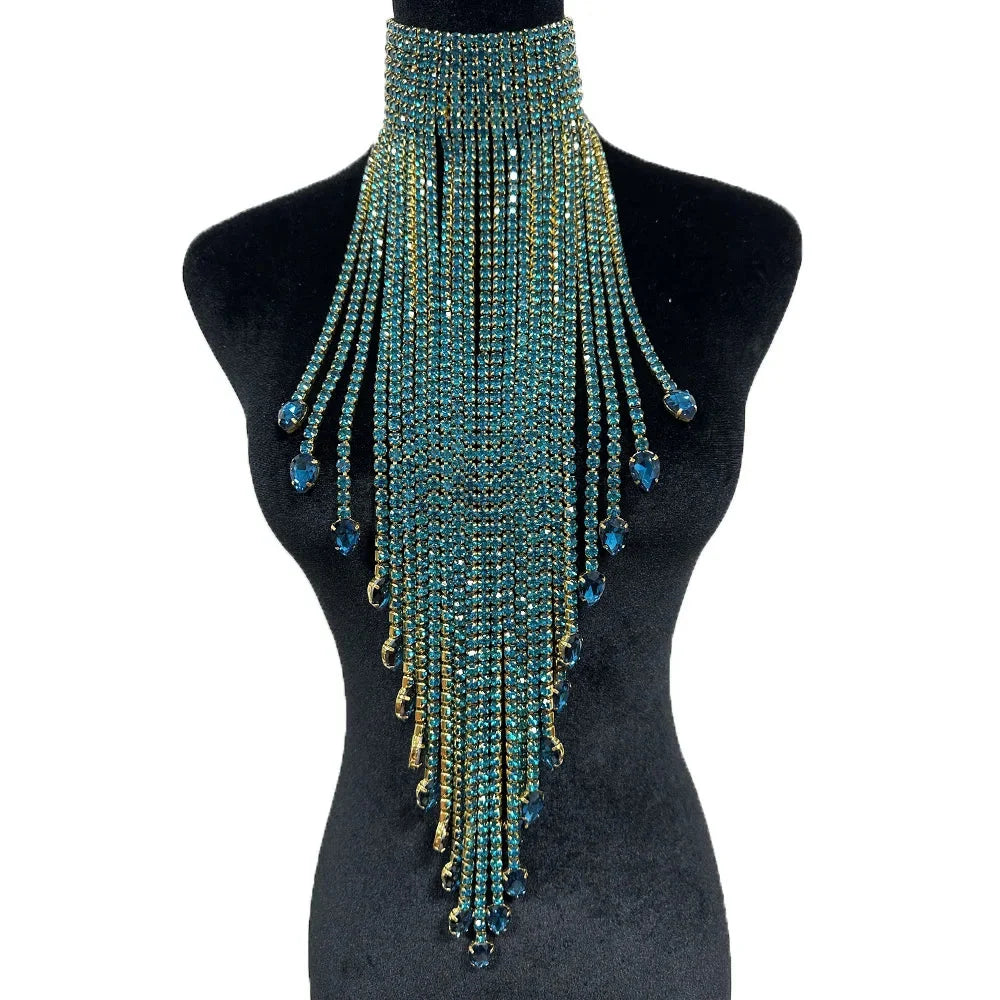 Luxury Rhinestone Long Tassel Statement Choker – Waist-Length Crystal Drop Necklace for Weddings, Galas & High-Fashion Clubwear