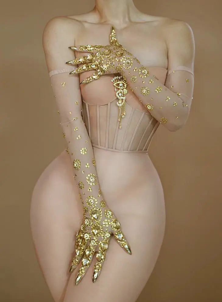The Stardust Golden Empress – Luxurious Stretch Gold Rhinestone Mesh Opera Gloves