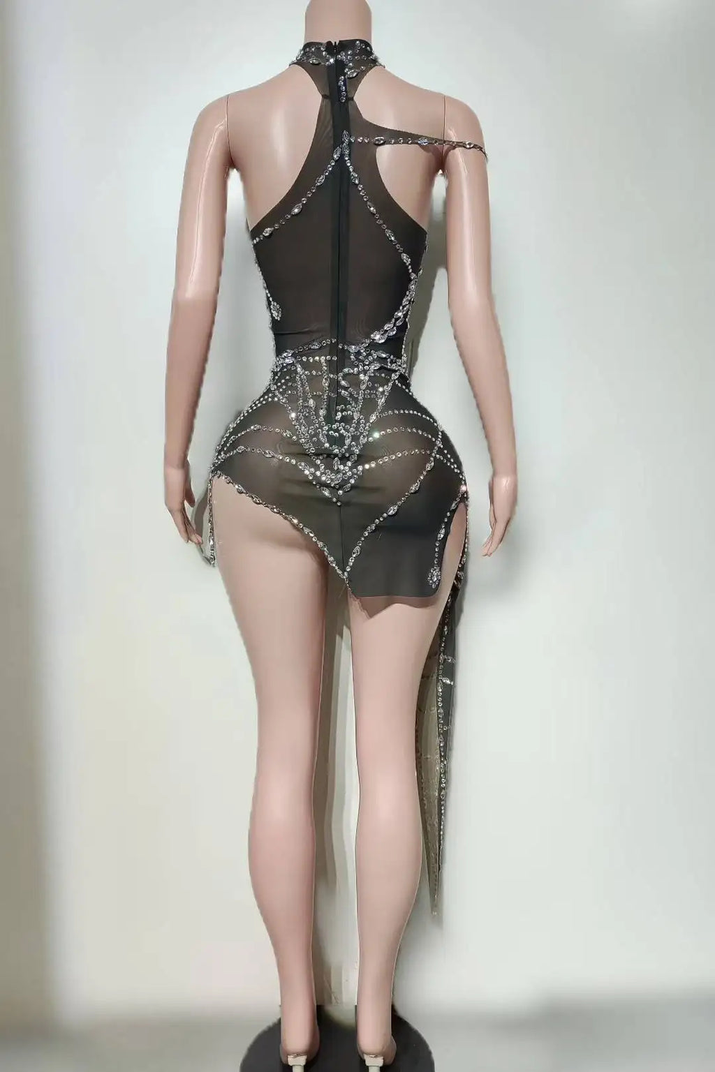 Sparkly Silver Rhinestone Spider Web Mesh Stage Performance Costume Set