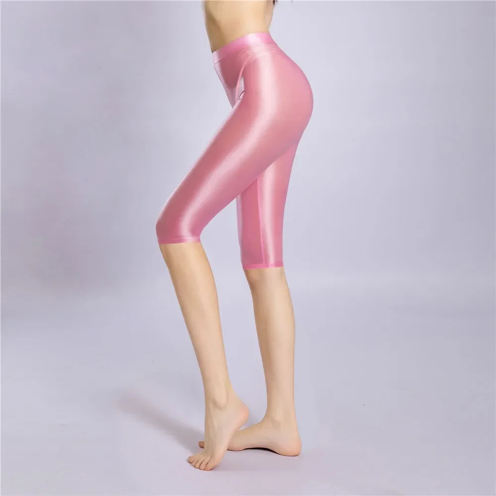 Women's Oil Glossy Sheer High-Waist Shaping Shorts Satin Smooth Leggings