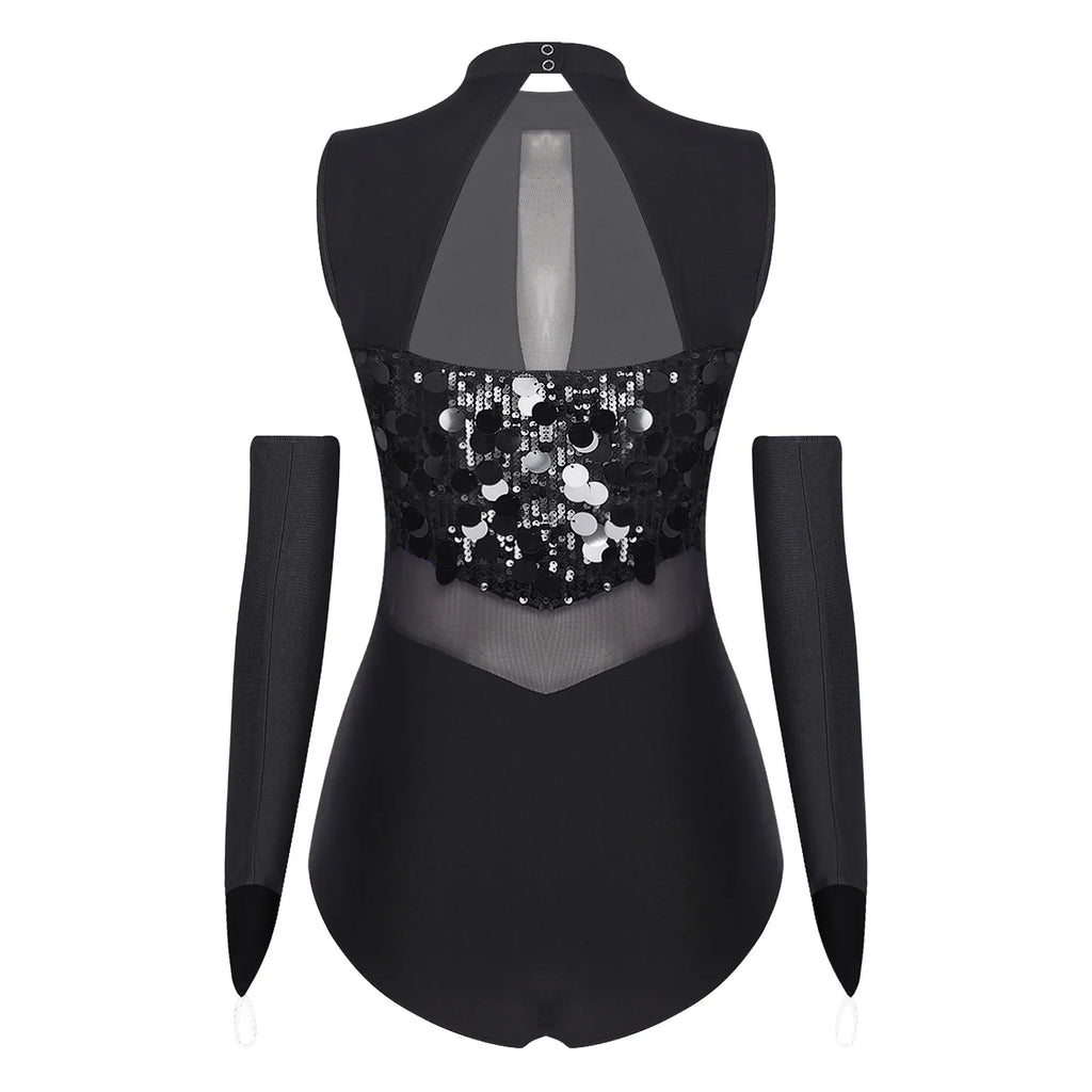 Sparkly Sequin Mock Neck Dance Leotard & Gloves Two-Piece Bodysuit Set