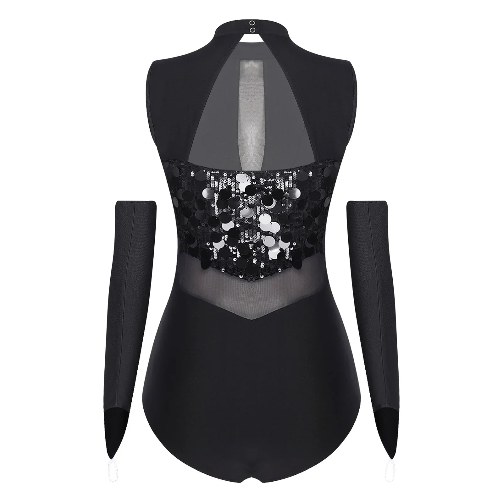 Sparkly Sequin Mock Neck Dance Leotard & Gloves Two-Piece Bodysuit Set