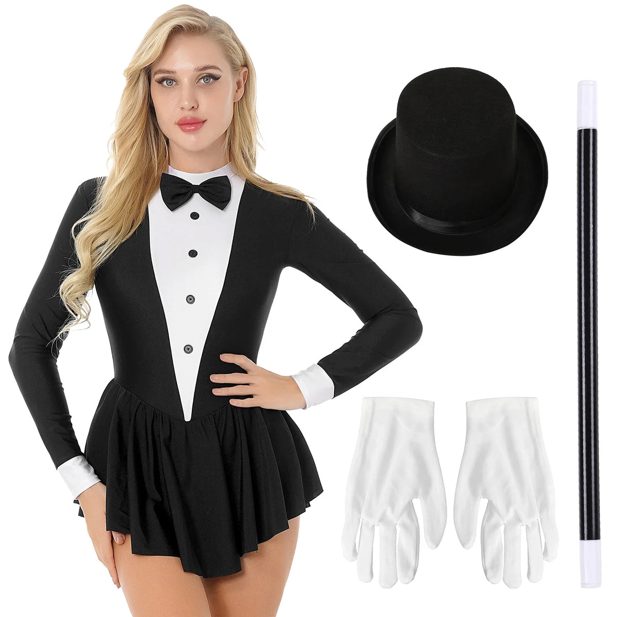 Tuxedo Bowknot Long Sleeve Ruffle Leotard Dress Magician Costume
