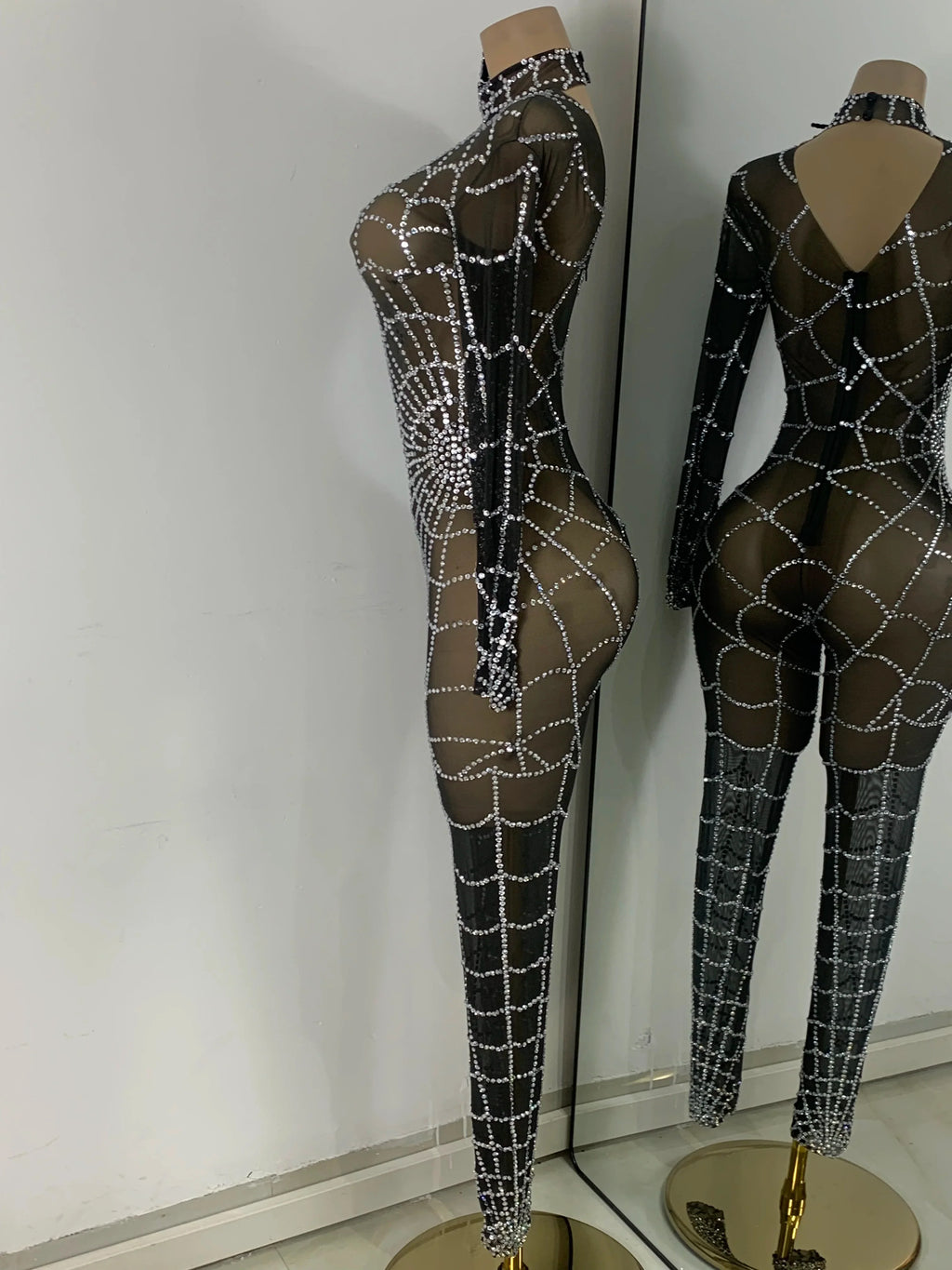 Black Spider Mesh Jumpsuit For Women Sexy Long Sleeve Performance Rompers Dance Show Stage Costume