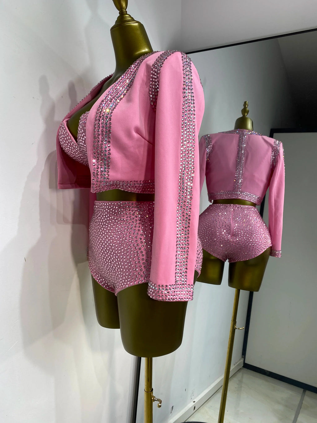 Rhinestone Bustier, High-Waist Mini Shorts & Cropped Jacket 3-Piece Performance Costume Set