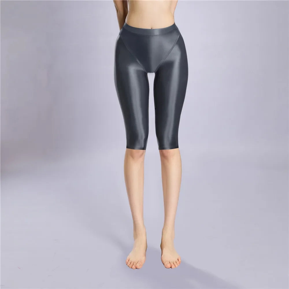 Women's Oil Glossy Sheer High-Waist Shaping Shorts Satin Smooth Leggings
