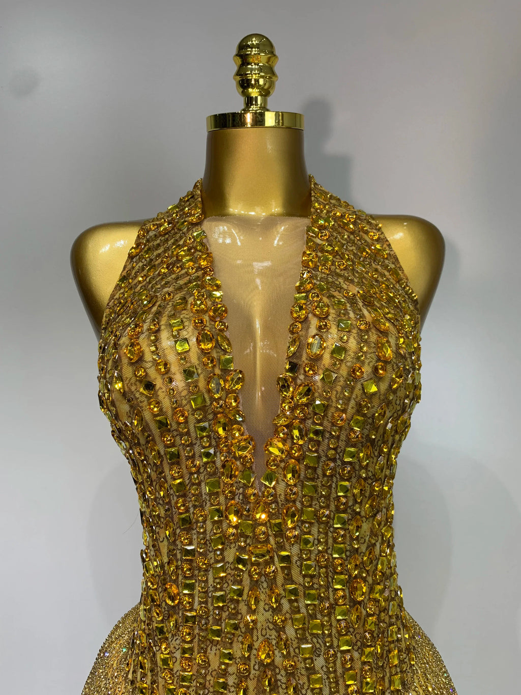 Gold Rhinestone Sheer Mesh Bodysuit Luxury Stage Performance Jumpsuit