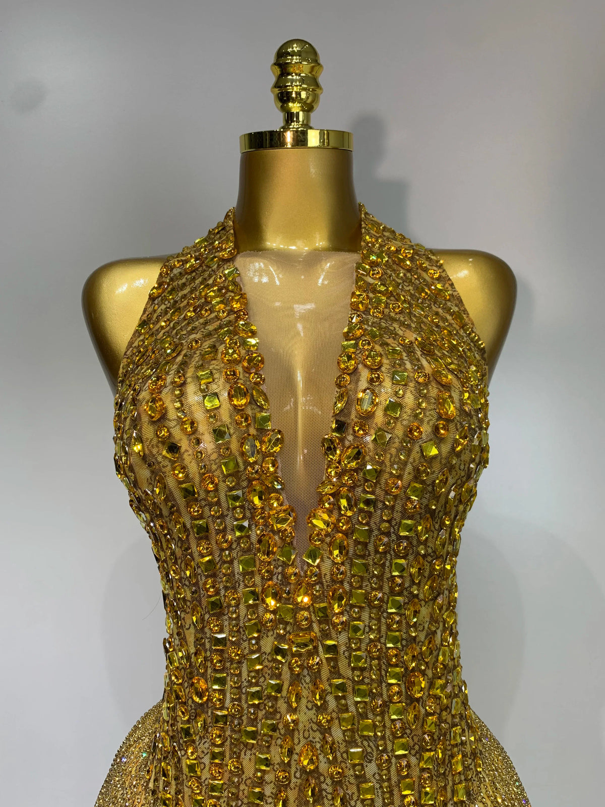 Gold Rhinestone Sheer Mesh Bodysuit Luxury Stage Performance Jumpsuit