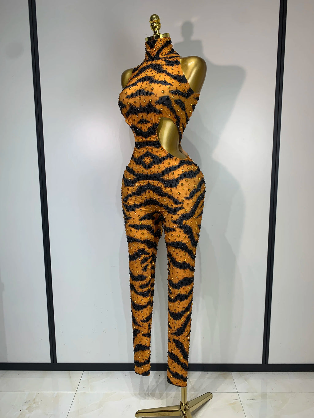 Sparkly Rhinestone Tiger Pattern Bodycon Jumpsuit Halter Stage Costume