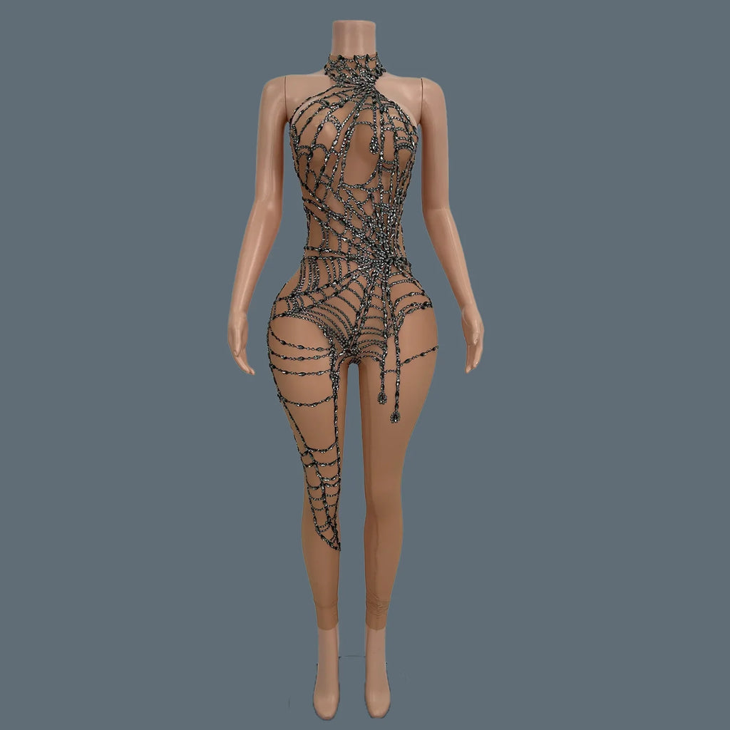 Sparkly Silver Rhinestone Spider Web Mesh Stage Performance Costume Set