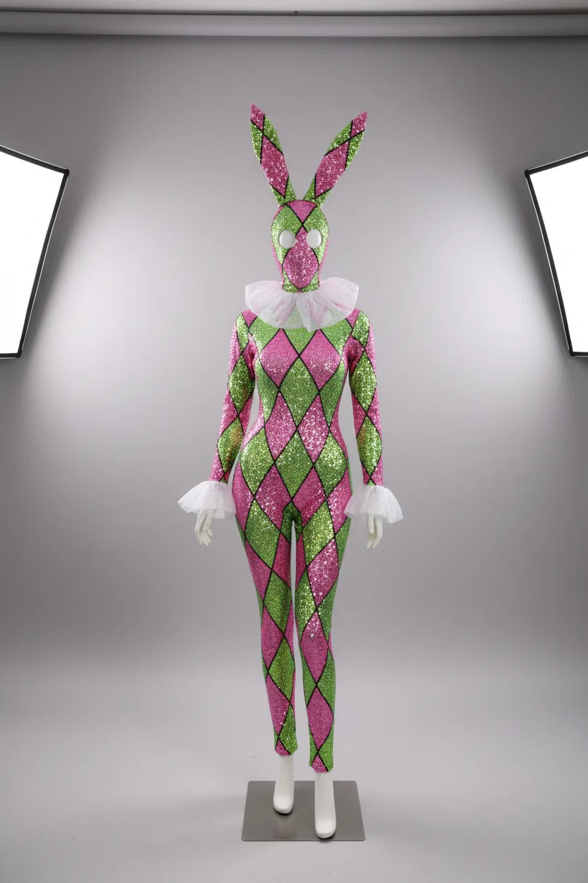 Futuristic Geometric Rhinestone Bunny Bodysuit – Luxury Showgirl Stage Costume & Exotic Festival Leotard with Statement Collar