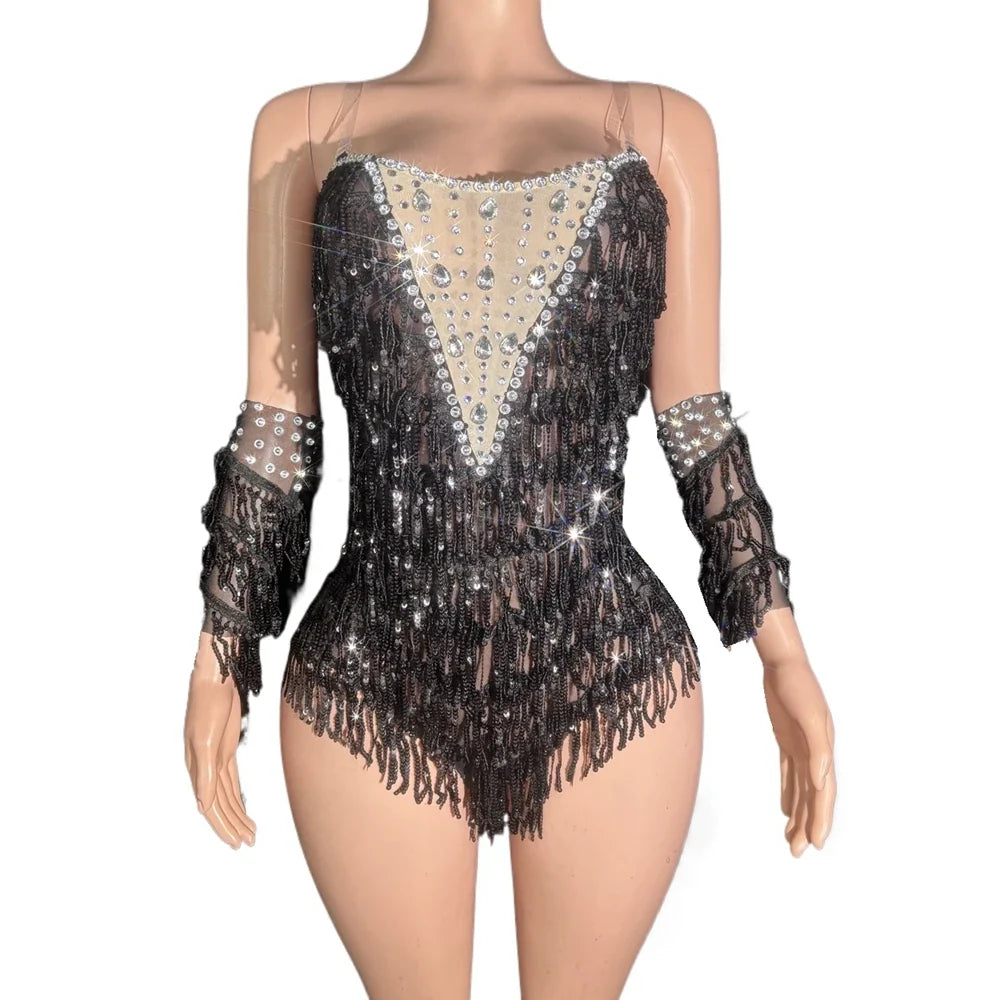Sparkly Black Sequin & Rhinestone Tassel Bodysuit with Gloves Stage Costume
